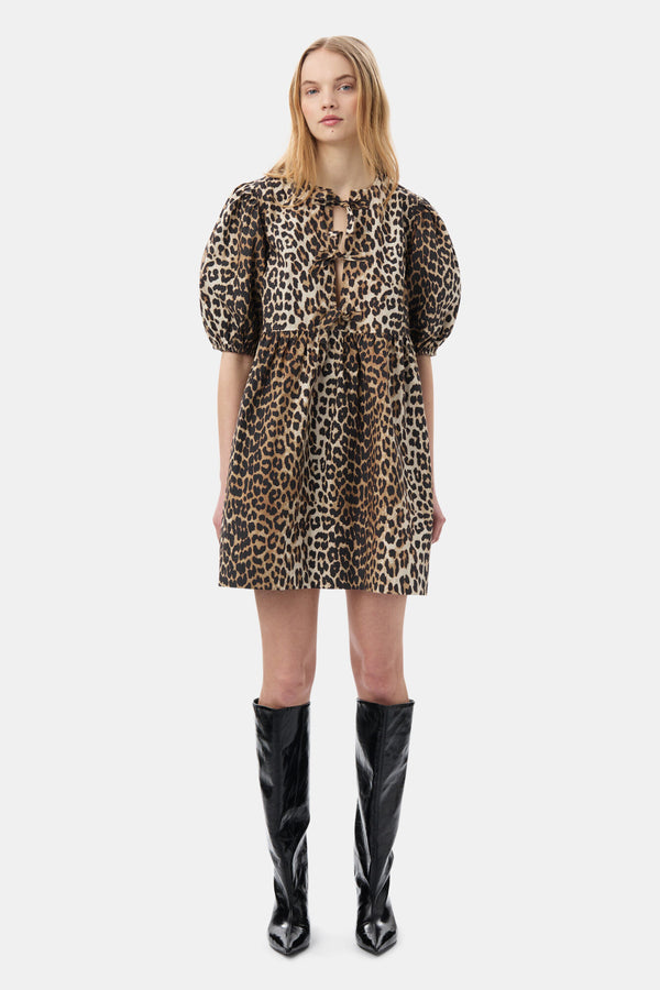 Ganni Leopard Printed Cotton Tie String Mini Dress