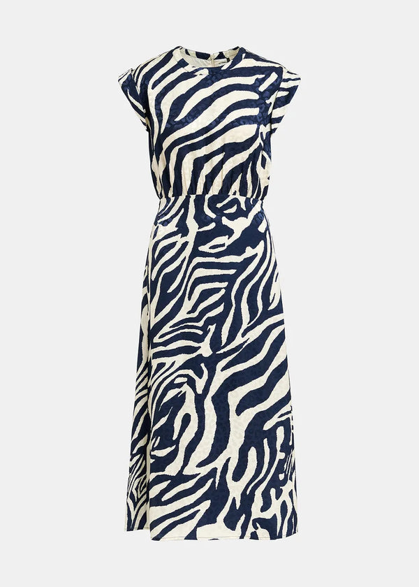 Essentiel Antwerp Navy Blue & Off-White Zebra-Print Midi Dress