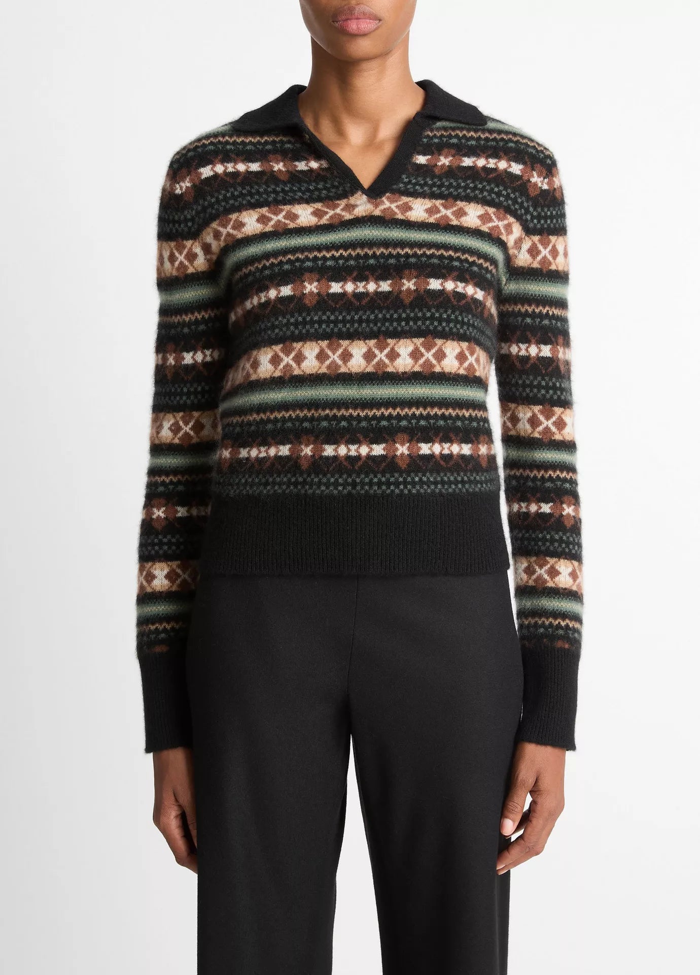 Vince Fair Isle Cashmere Polo Sweater - Cacao/Malachite