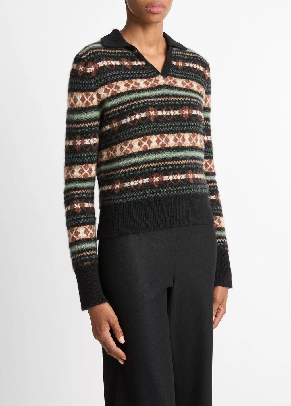 Vince Fair Isle Cashmere Polo Sweater - Cacao/Malachite
