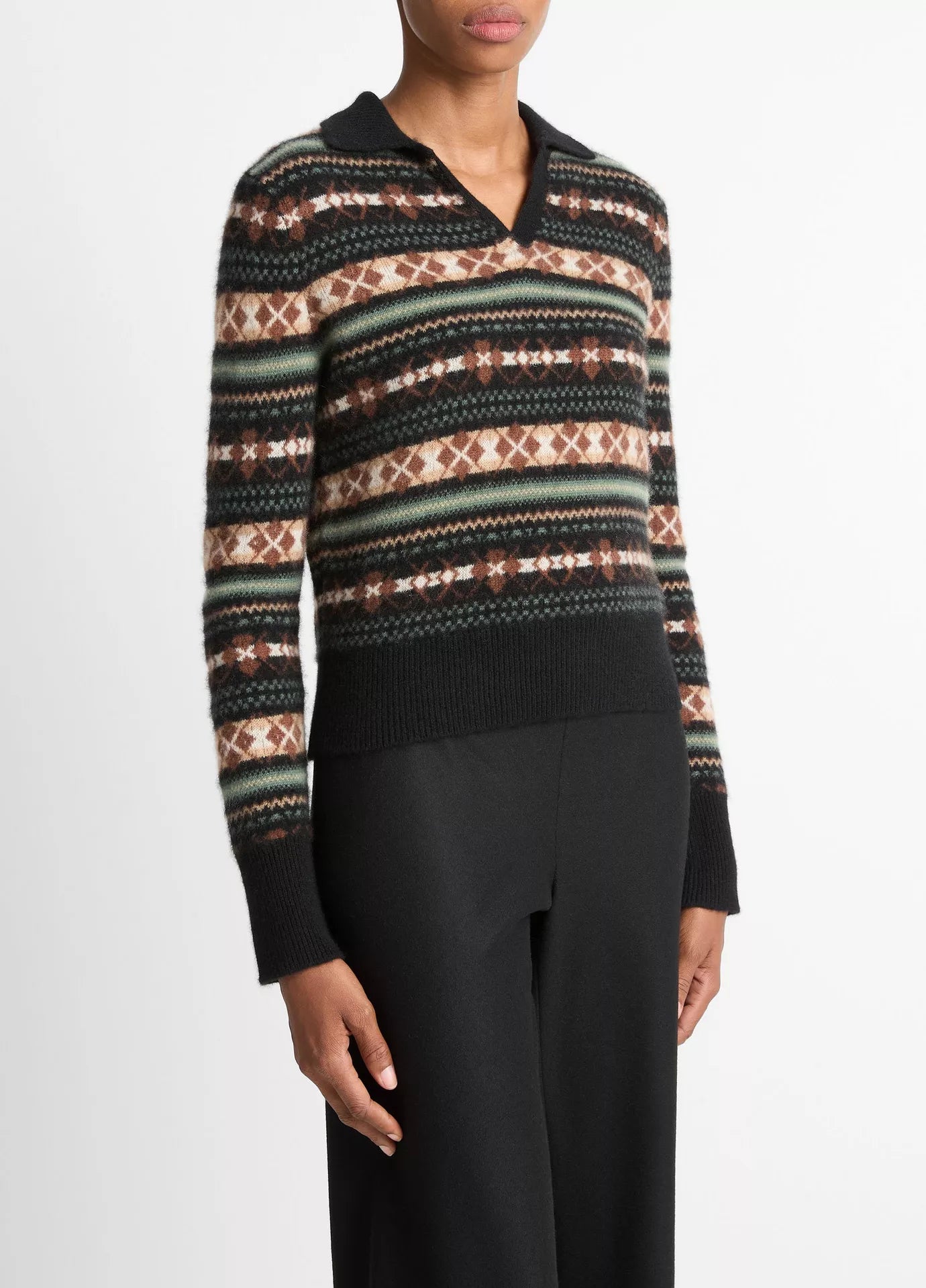 Vince Fair Isle Cashmere Polo Sweater - Cacao/Malachite