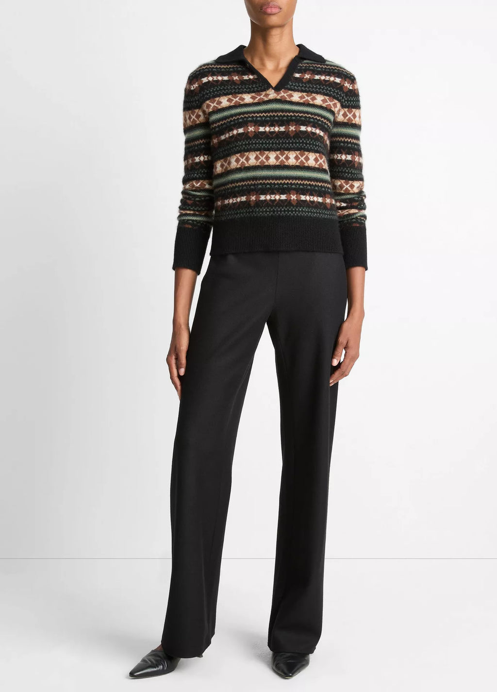 Vince Fair Isle Cashmere Polo Sweater - Cacao/Malachite