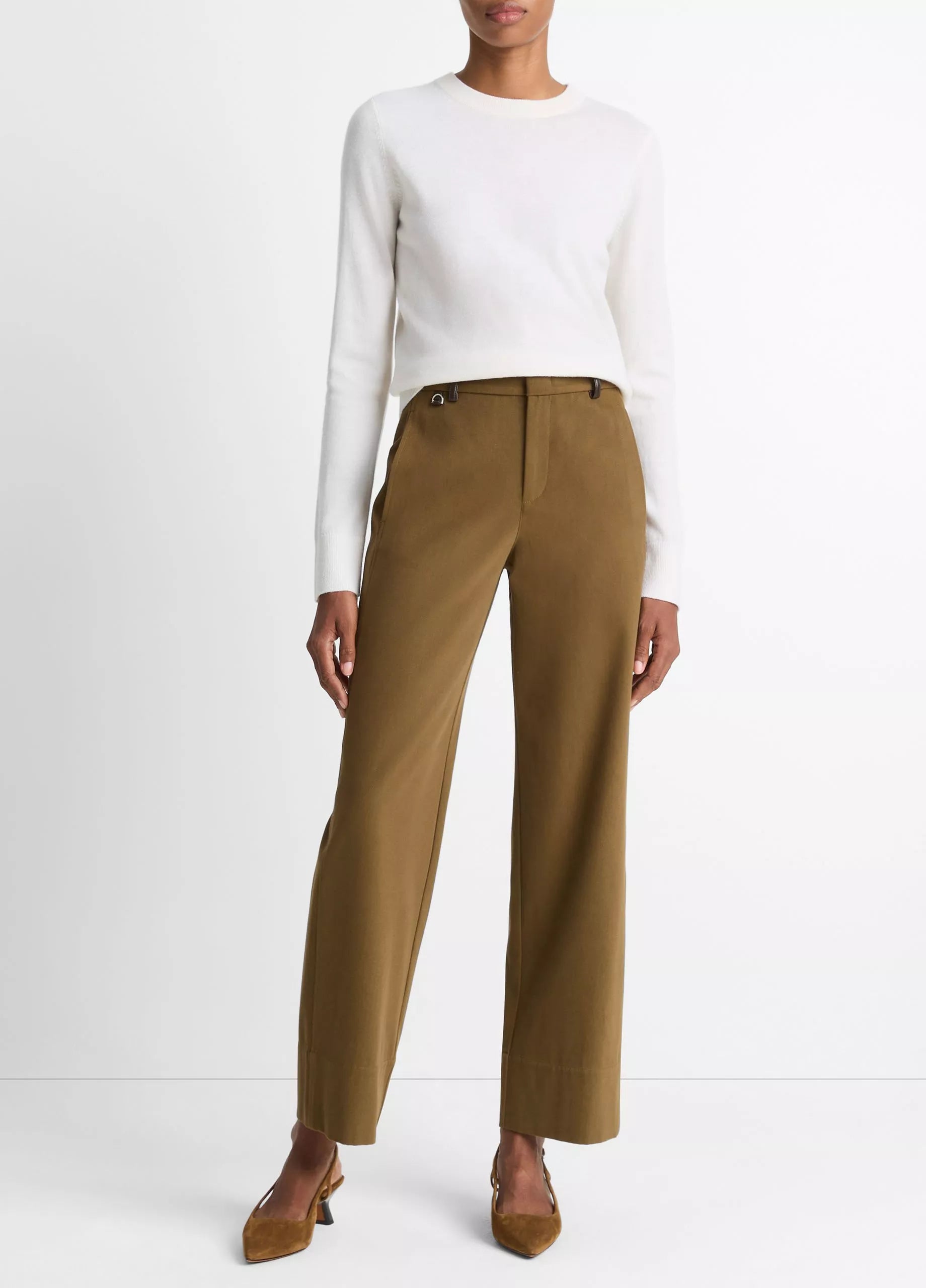 Vince Faux-Leather-Trim Italian Cotton Straight-Leg Pant - Olive Grove