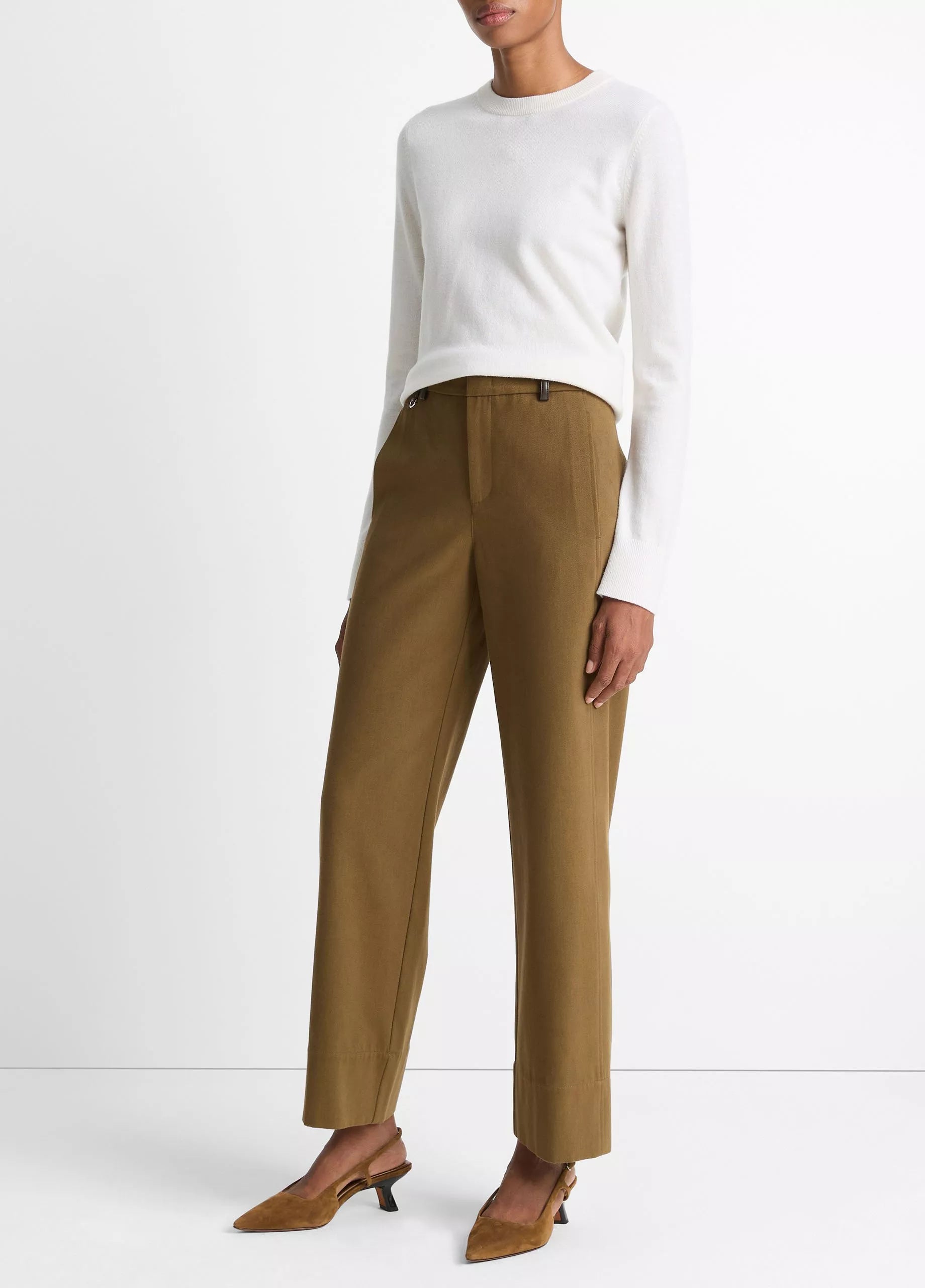 Vince Faux-Leather-Trim Italian Cotton Straight-Leg Pant - Olive Grove