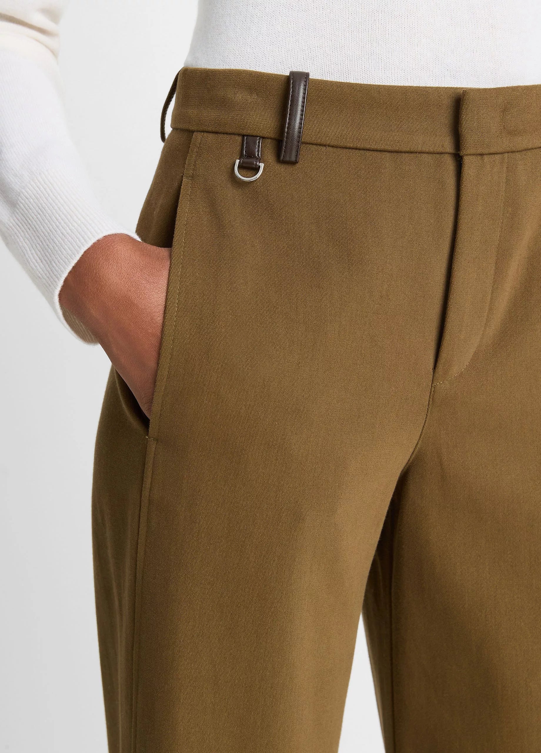 Vince Faux-Leather-Trim Italian Cotton Straight-Leg Pant - Olive Grove