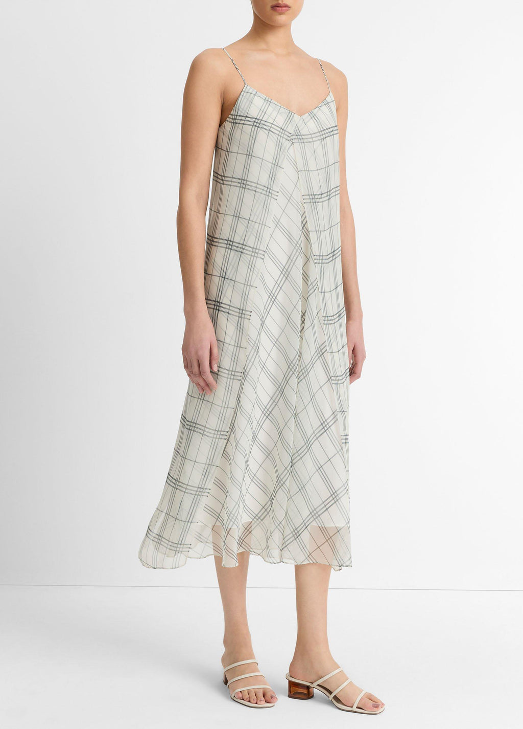 Vince Fenced Plaid Layered Dress - Off White/Grey