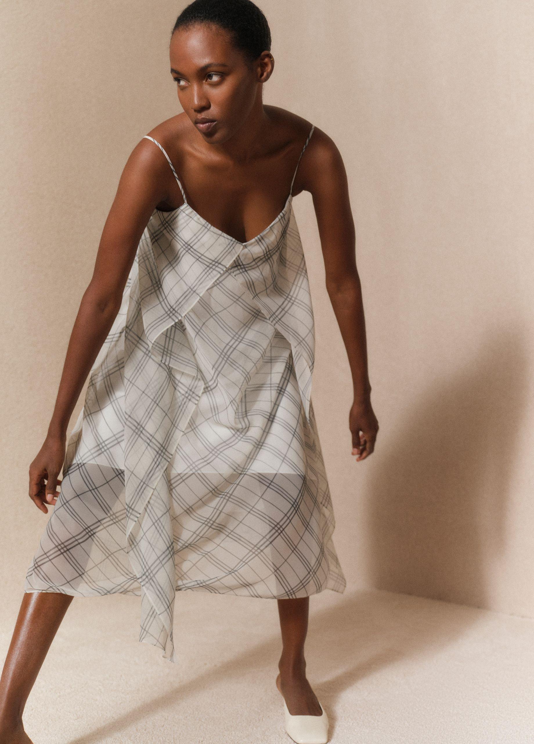 Vince Fenced Plaid Layered Dress - Off White/Grey