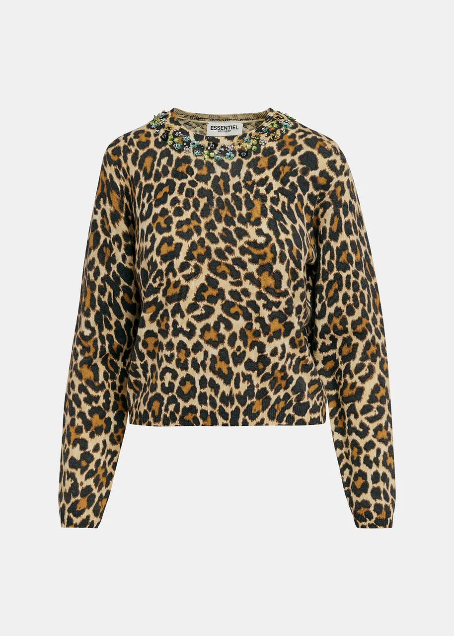 Essentiel Antwerp Beige Leopard-Motif Knit Sweater