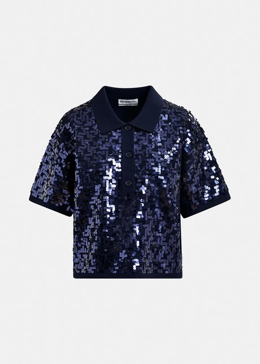 Essentiel Antwerp Navy Sequin-Embellished Polo Top