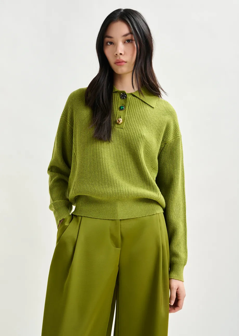 Essentiel Antwerp Wool-Blend Polo - Olive Green/Jewel Buttons