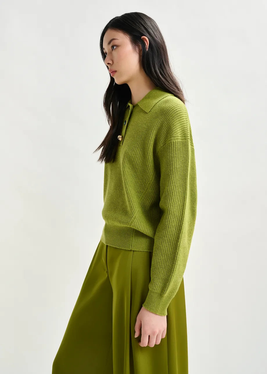 Essentiel Antwerp Wool-Blend Polo - Olive Green/Jewel Buttons