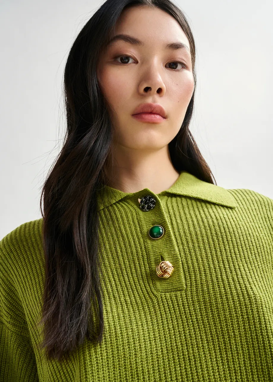 Essentiel Antwerp Wool-Blend Polo - Olive Green/Jewel Buttons
