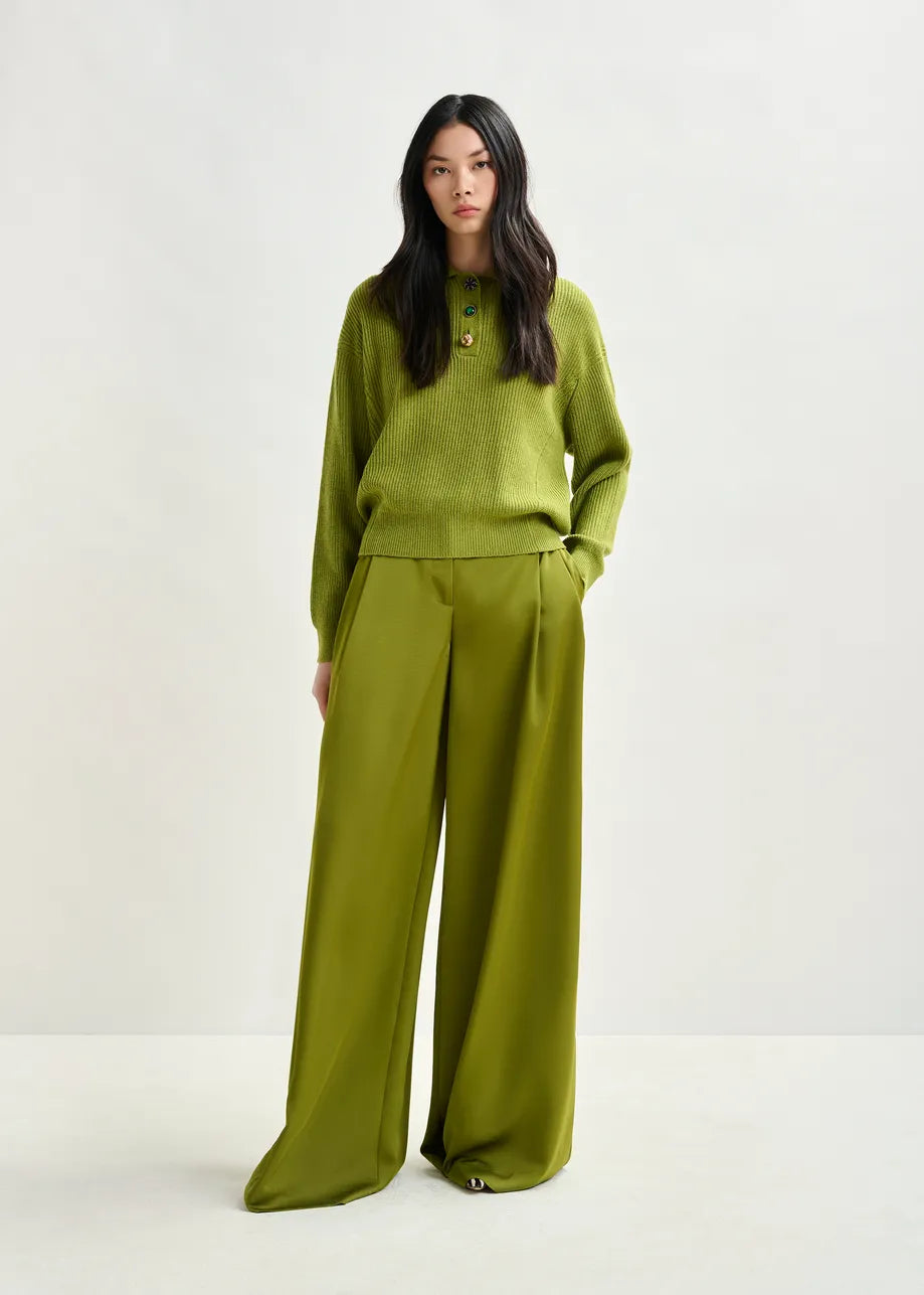 Essentiel Antwerp Wool-Blend Polo - Olive Green/Jewel Buttons