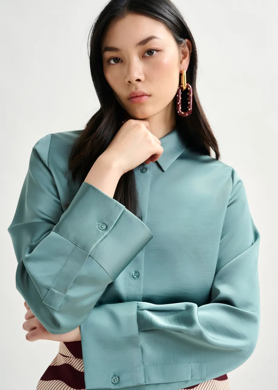 Essentiel Antwerp Blue Oversize Satin Shirt - Light Blue
