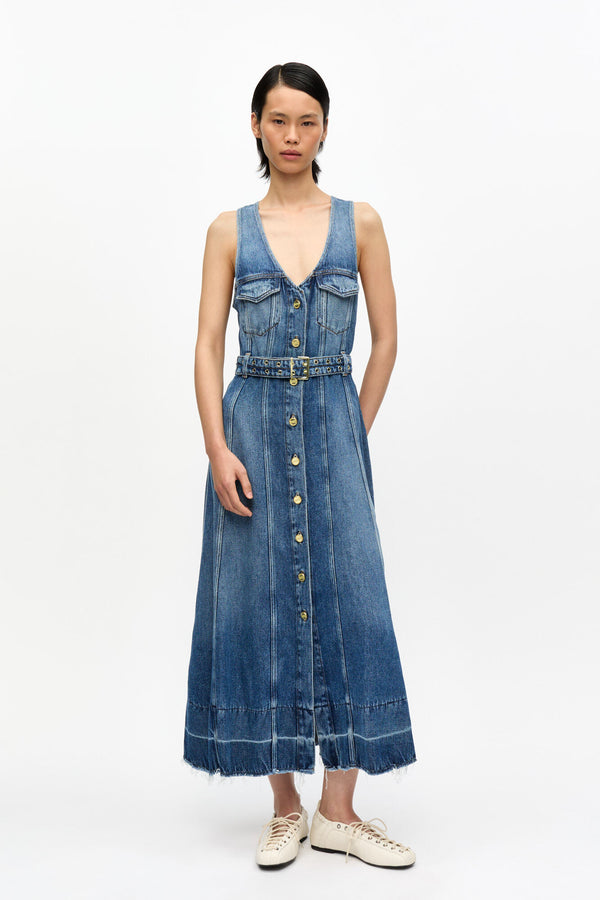 Ganni Blue Light Denim Belt Midi Dress