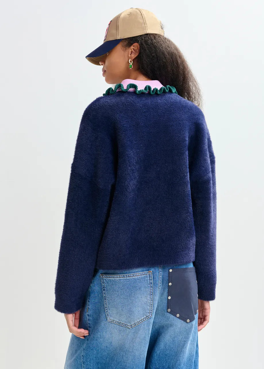 Essentiel Antwerp Navy Cardigan With Ruffle Color