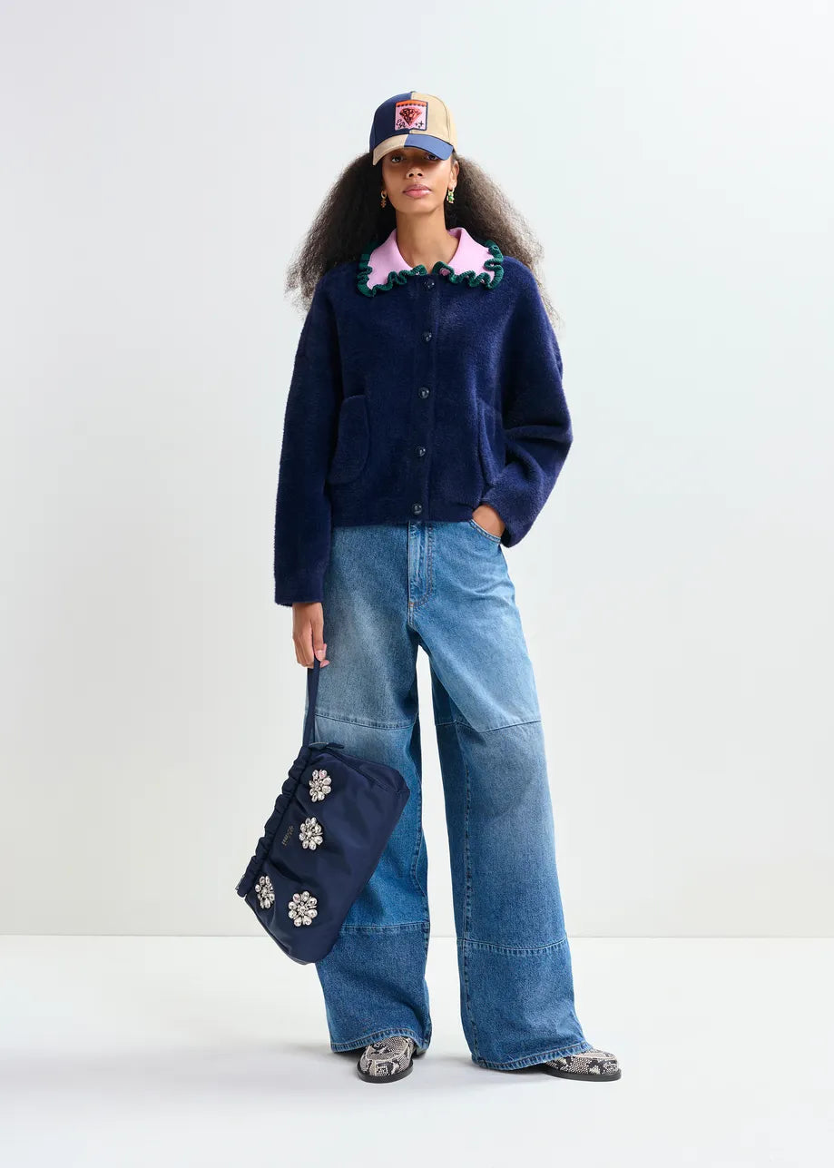 Essentiel Antwerp Navy Cardigan With Ruffle Color