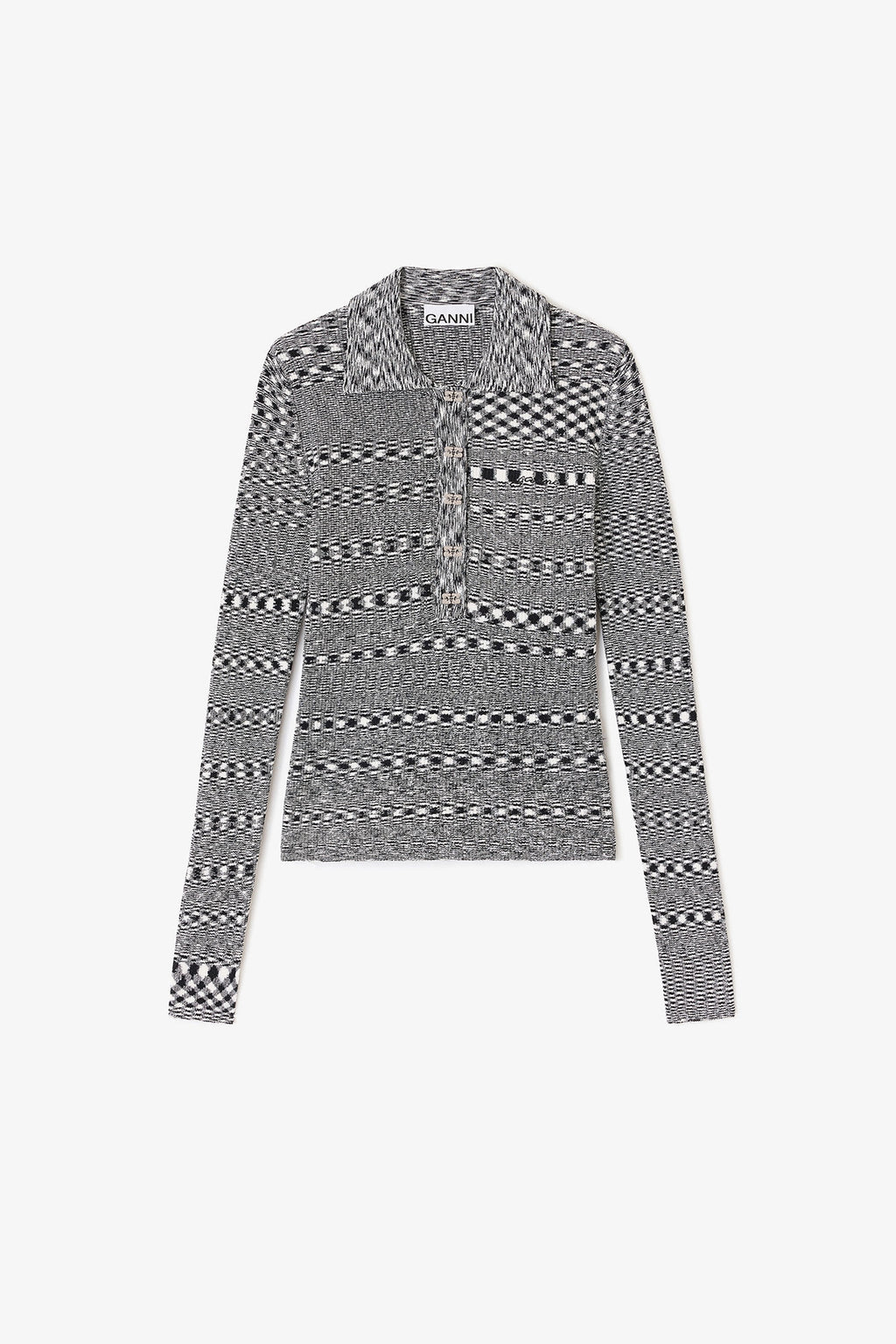 Ganni Grey Striped Knitted Polo Shirt - Black
