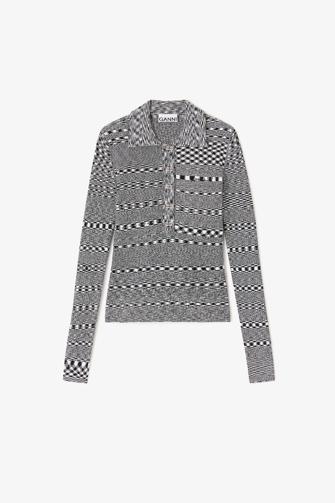 Ganni Grey Striped Knitted Polo Shirt - Black