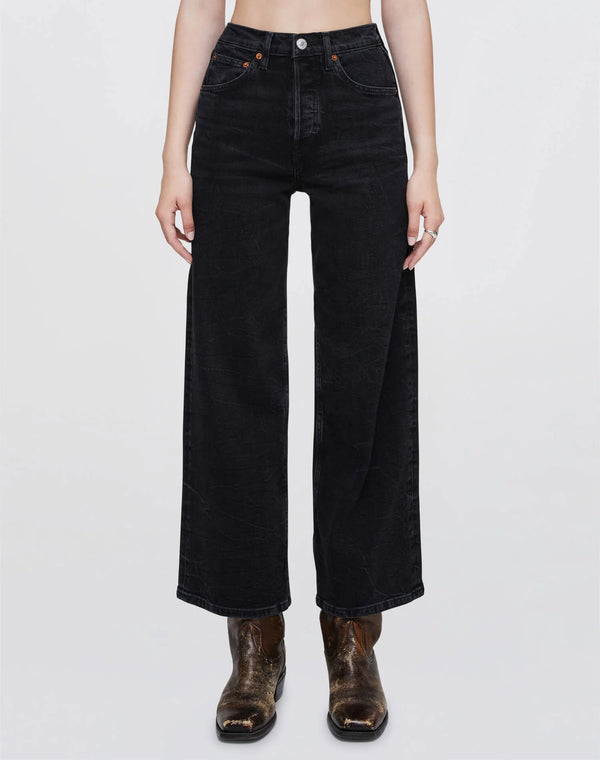 Re/Done Comfort Stretch High Rise Wide Leg Crop - Black