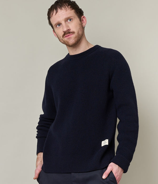 Merz b. Schwanen LOCC02 Men's Crew Pullover Ribbed, Merino Cashmere Blend, Classic Fit - Dark Navy