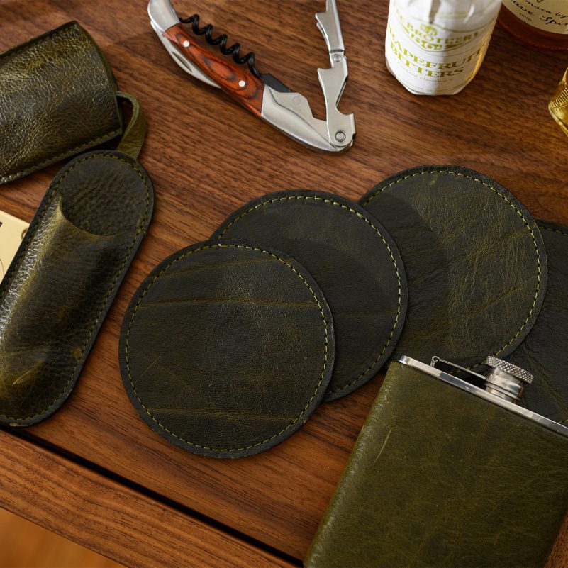 Moore & Giles Leather Coaster Set - Titan Milled Olive
