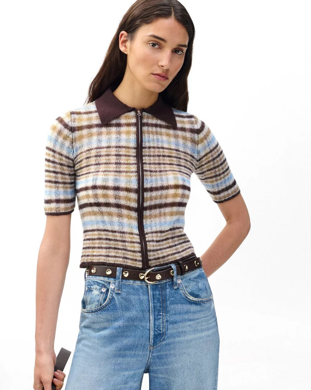 Rag & Bone Leva Plaid Zip Polo Sweater - Ivory Multi