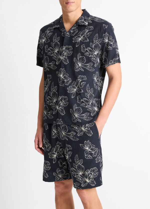 Vince Line Floral Linen-Blend Cabana Shirt