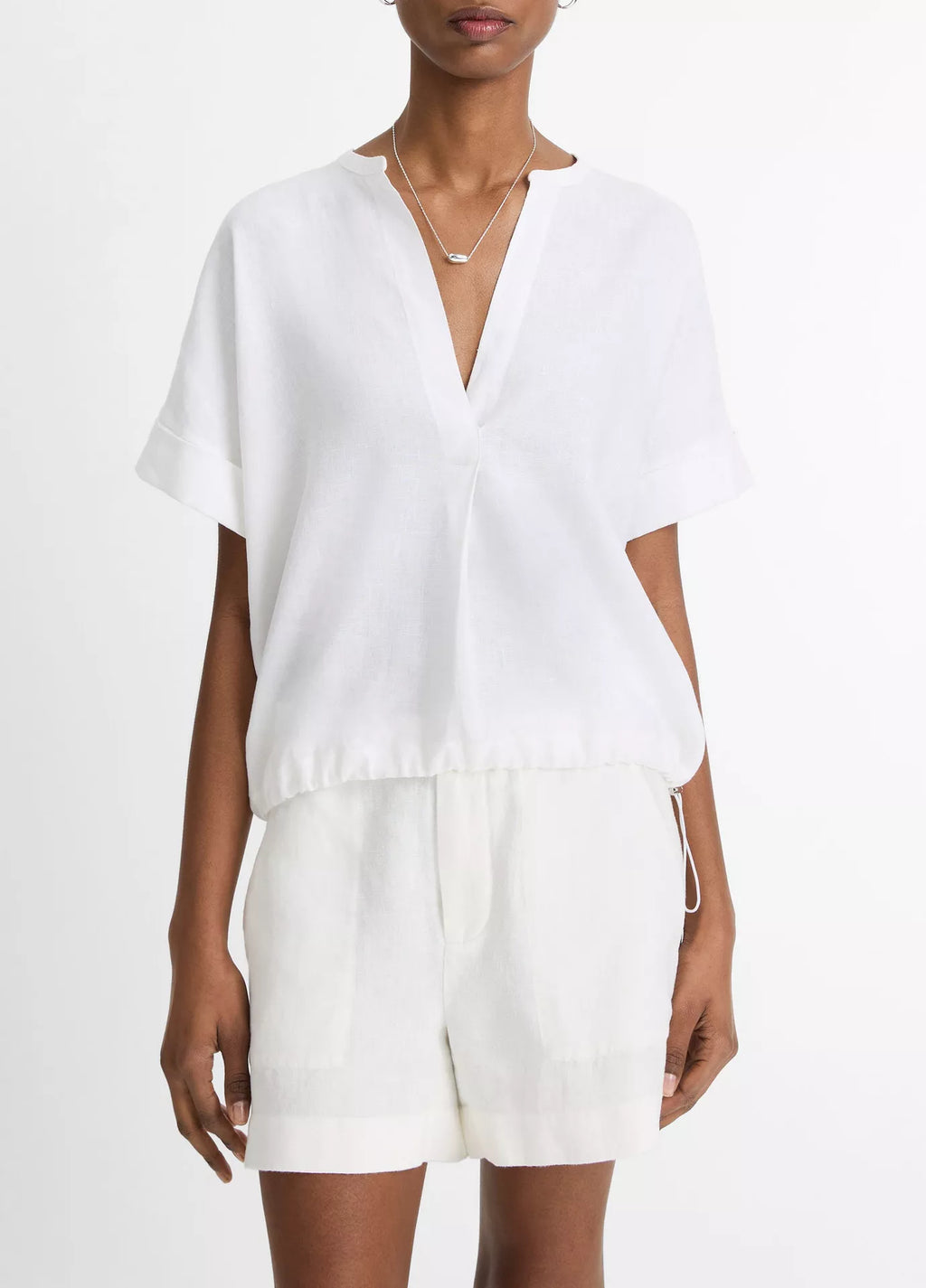 Vince  Linen Drawcord-Hem Blouse - Optic White