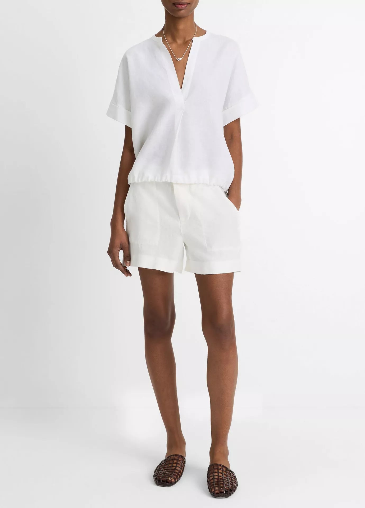 Vince  Linen Drawcord-Hem Blouse - Optic White