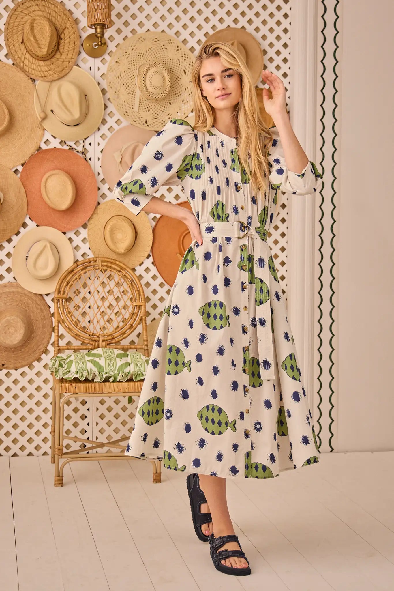 Hunter Bell Lyle Dress Belted Fish Print Midi Dress