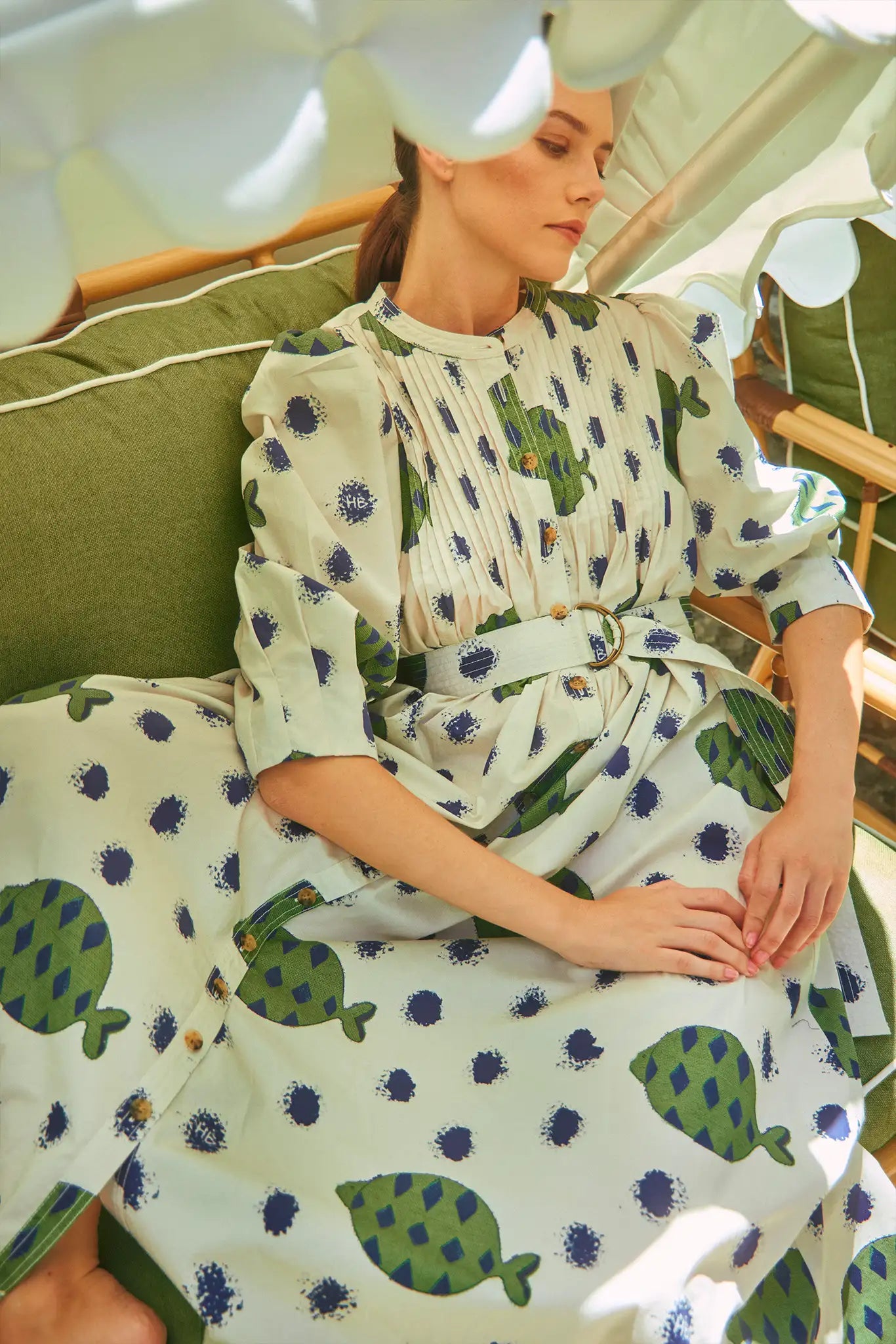 Hunter Bell Lyle Dress Belted Fish Print Midi Dress