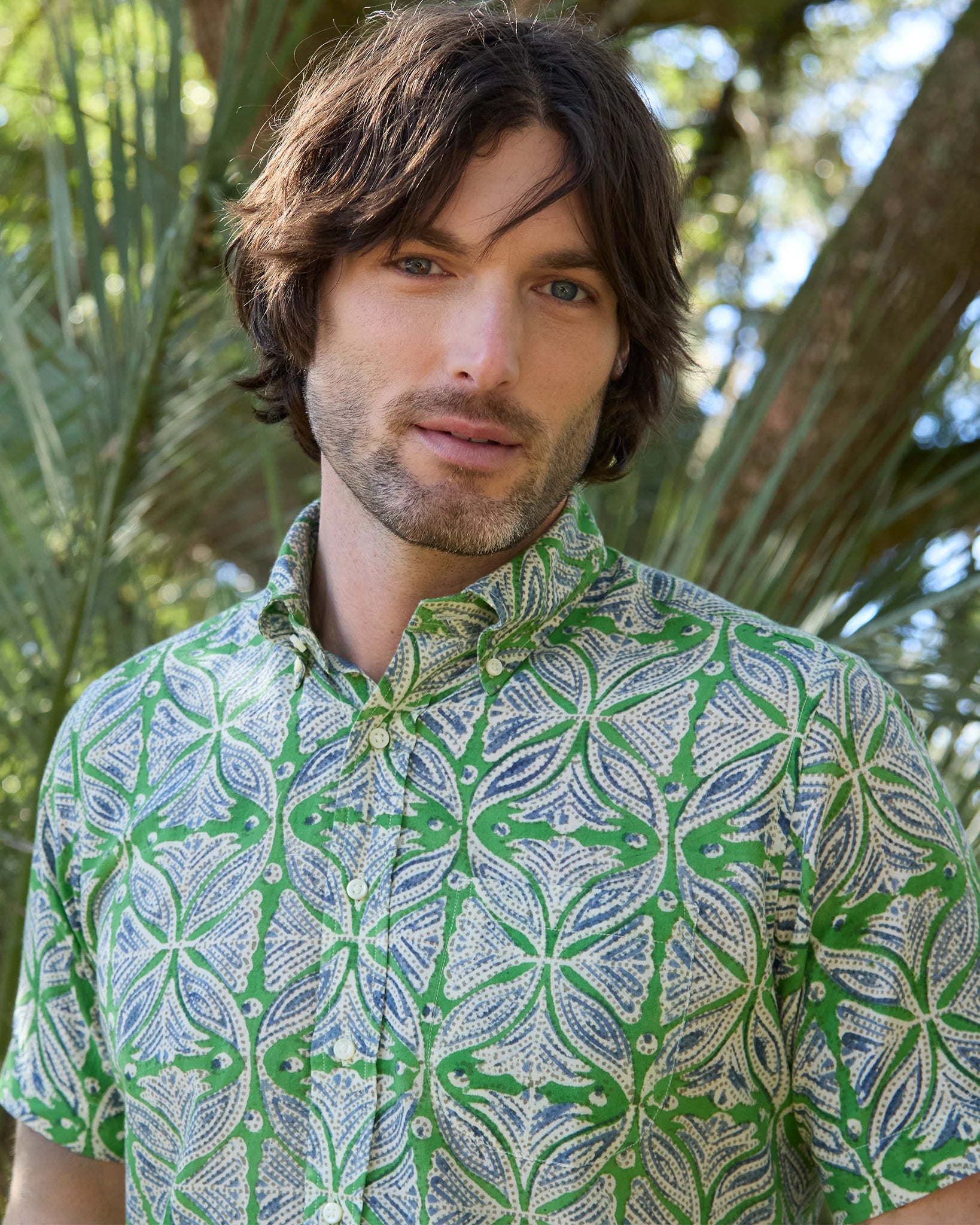 Sid Mashburn Short-Sleeved Button-Down Sport Shirt - Green/Blue Block