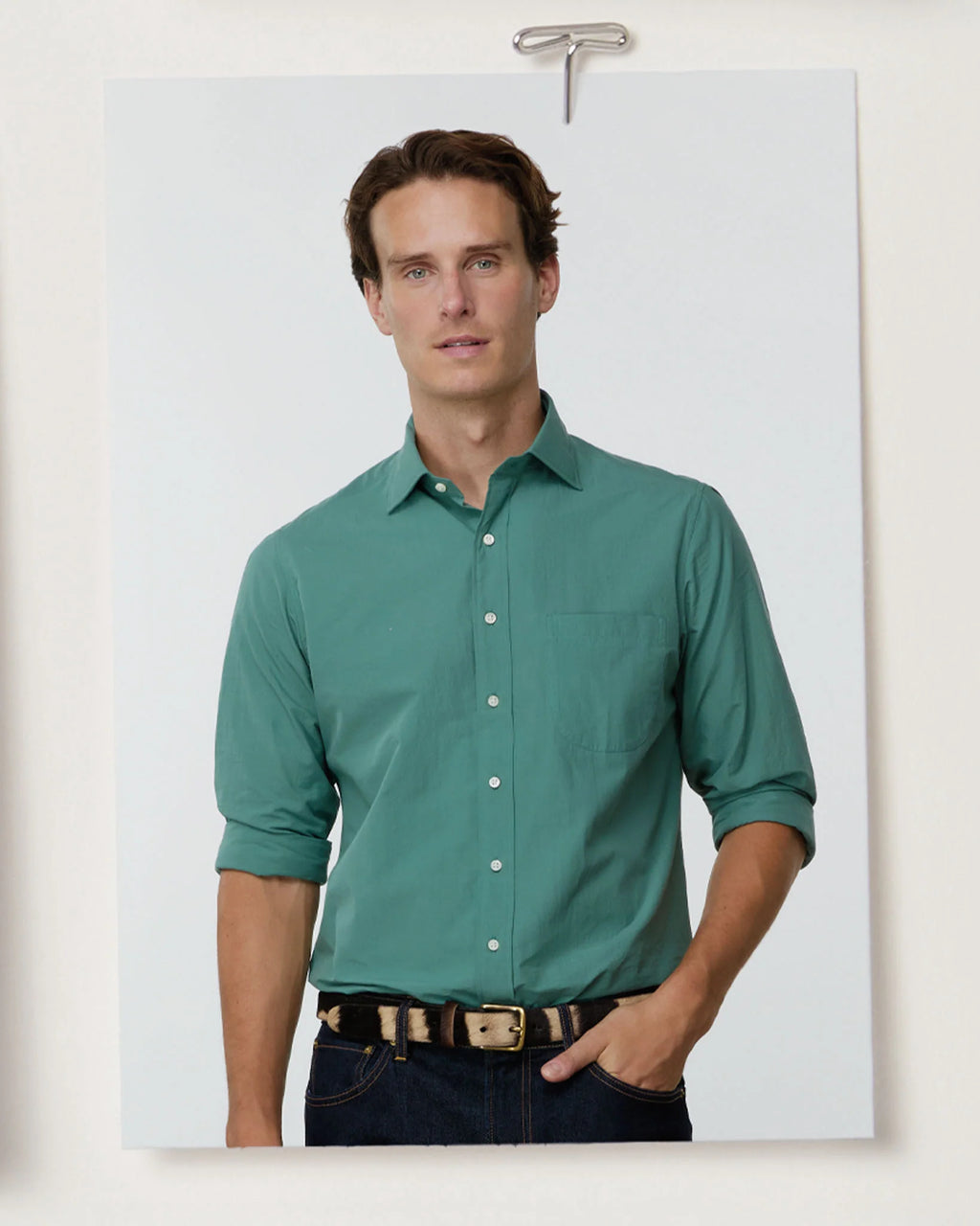 Sid Mashburn Spread Collar Sport Shirt  -Green Shadow Stripe Poplin