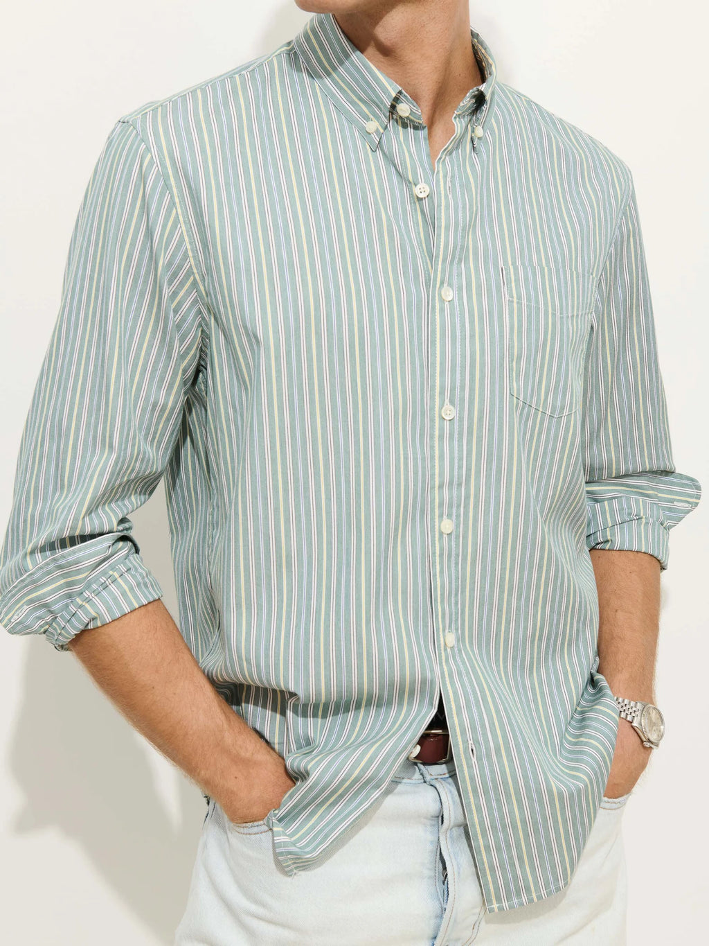 Alex Mill Mill Striped Shirt in Cotton Poplin- Green Stripe