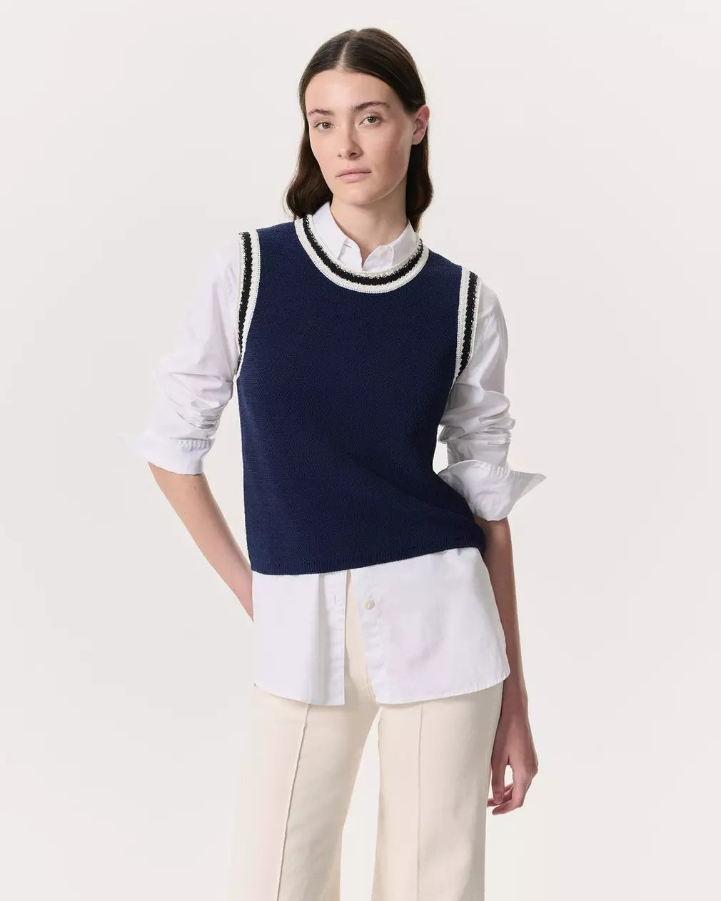 Rag & Bone Meghan Striped Crochet-Trim Sweater Vest - Navy