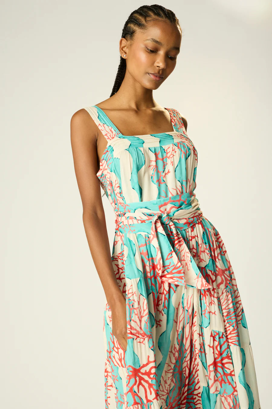 Natalie Martin Jasmine Dress with Sash  - Coral Wave Turquoise