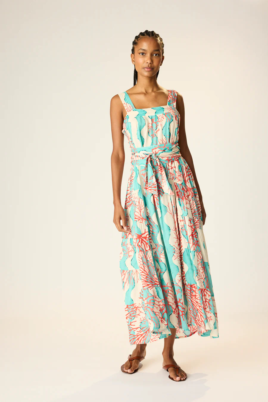 Natalie Martin Jasmine Dress with Sash  - Coral Wave Turquoise