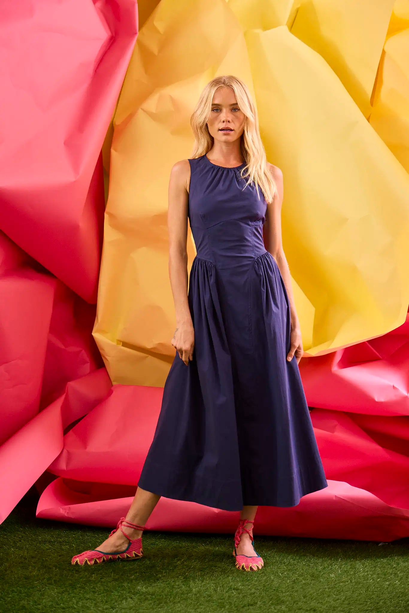 Hunter Bell Nantucket Dress Sleeveless Navy Fitted Bustier Midi Dress