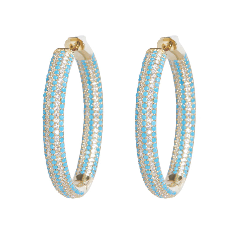 Nickho Rey Gold Tire Hoops with Turquoise & White Crystals