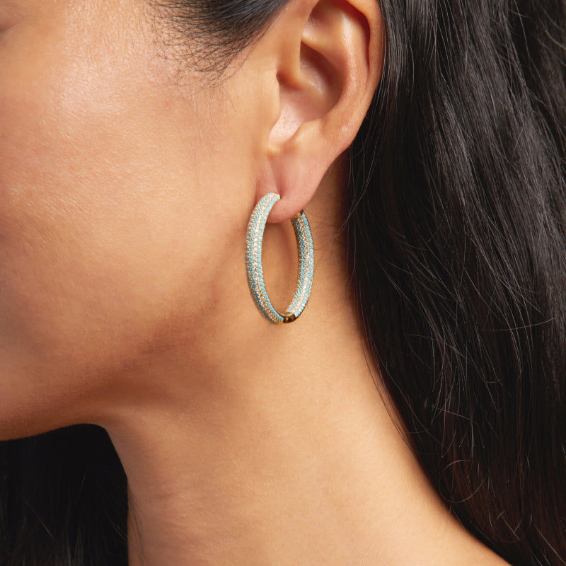 Nickho Rey Gold Tire Hoops with Turquoise & White Crystals