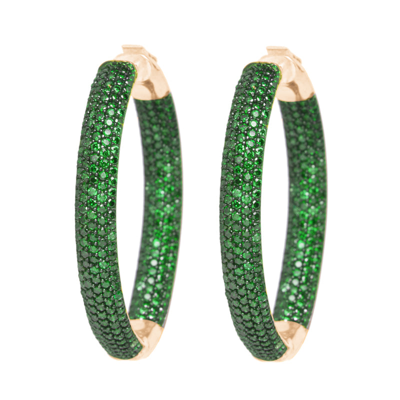 Nickho Rey Gold Tire Hoops with Emerald Colored Crystals