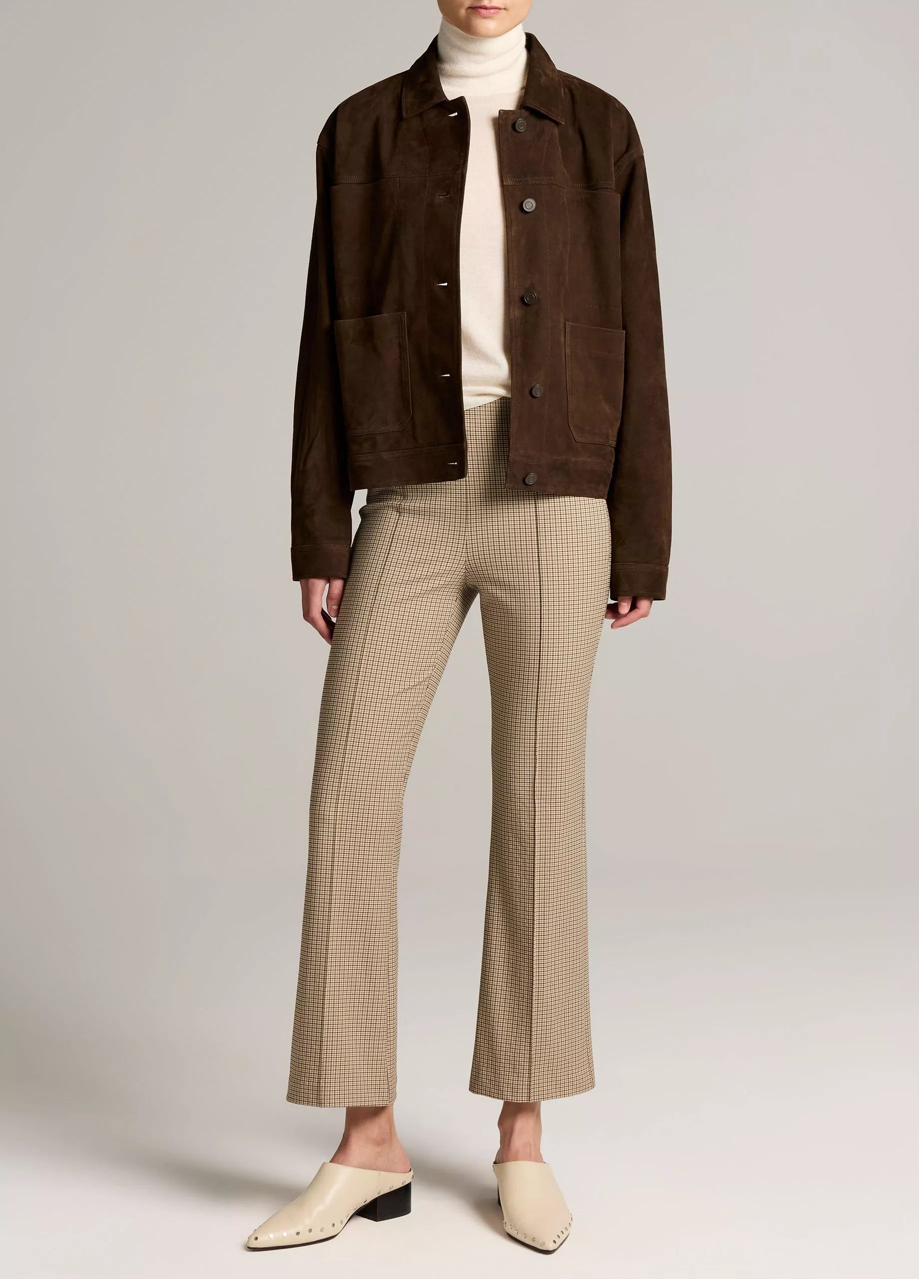 Vince Niki Plaid Mid-Rise Crop Flare Pant - Oak Buff Check