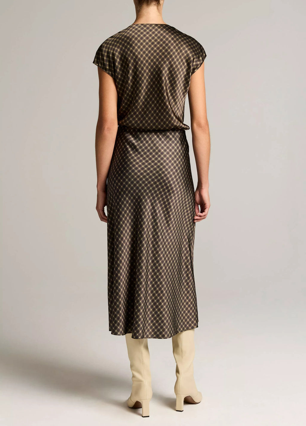 Vince Ombré Plaid Lingerie-Trim Satin Slip Skirt - Black/Camel