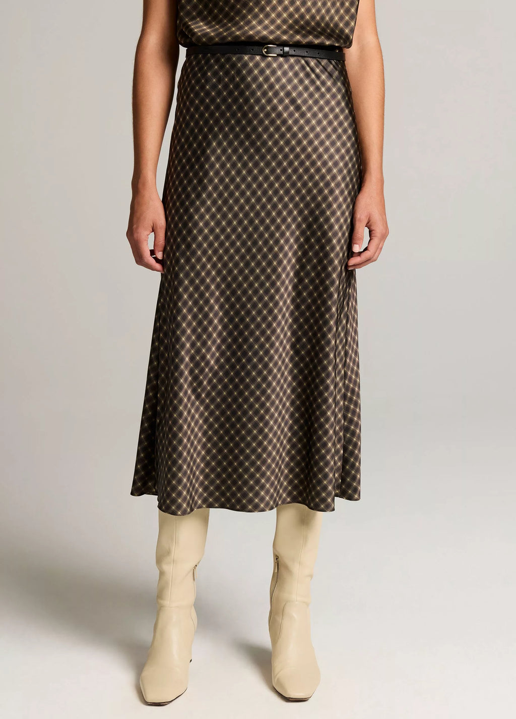 Vince Ombré Plaid Lingerie-Trim Satin Slip Skirt - Black/Camel