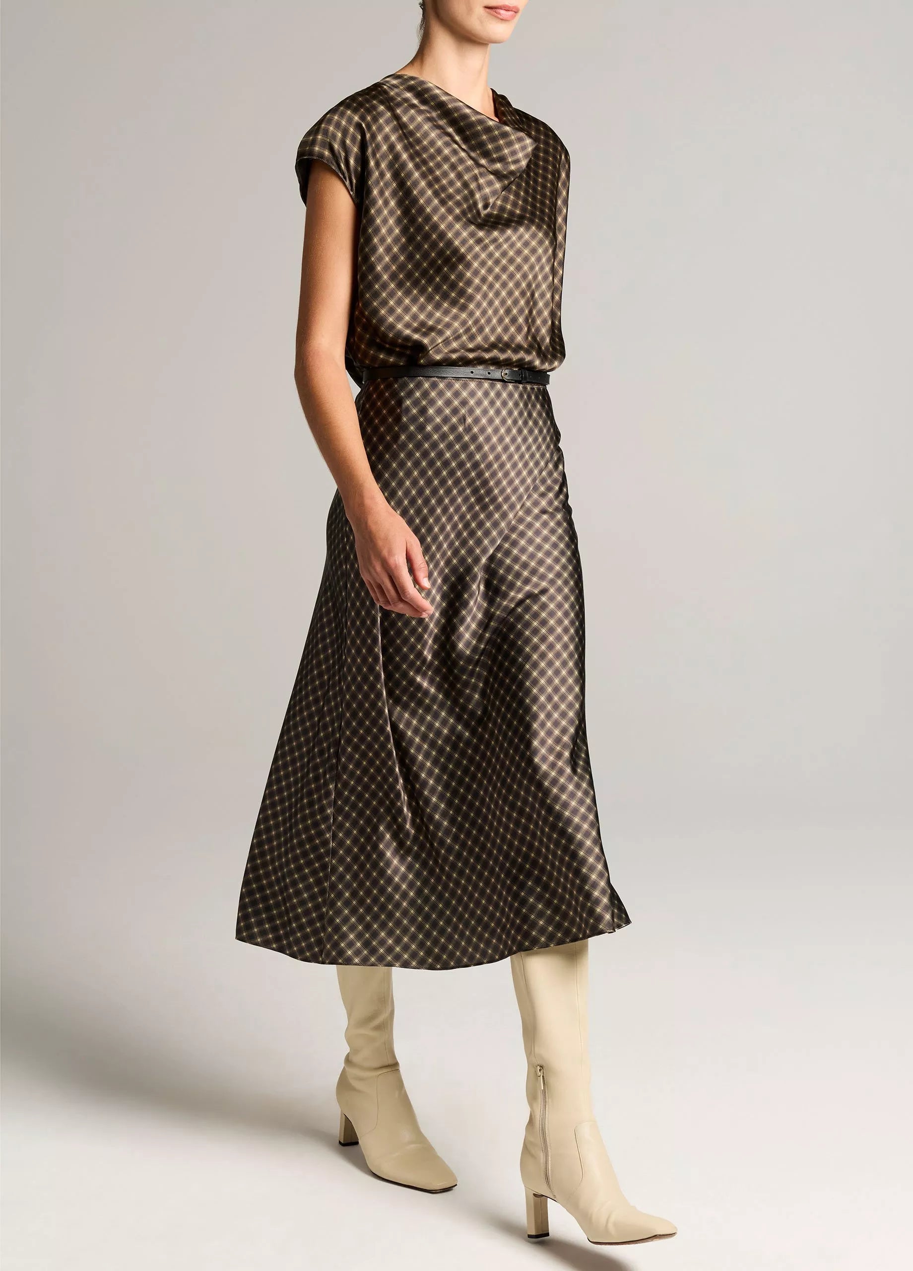Vince Ombré Plaid Lingerie-Trim Satin Slip Skirt - Black/Camel