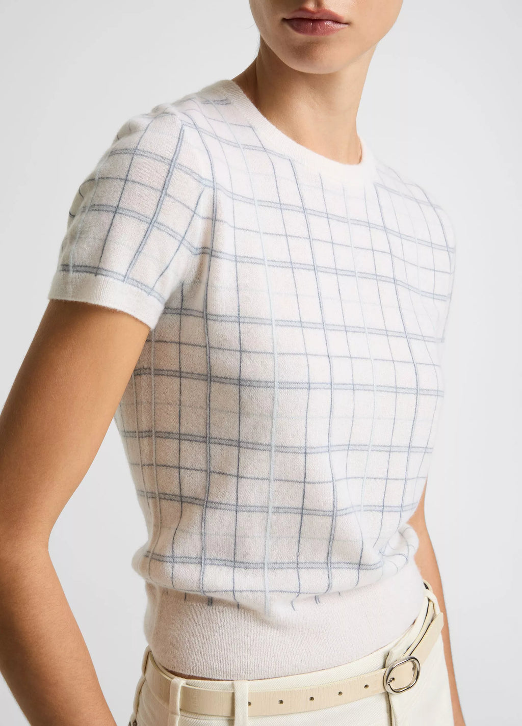 Vince Plaid Cashmere-Blend Short-Sleeve Sweater