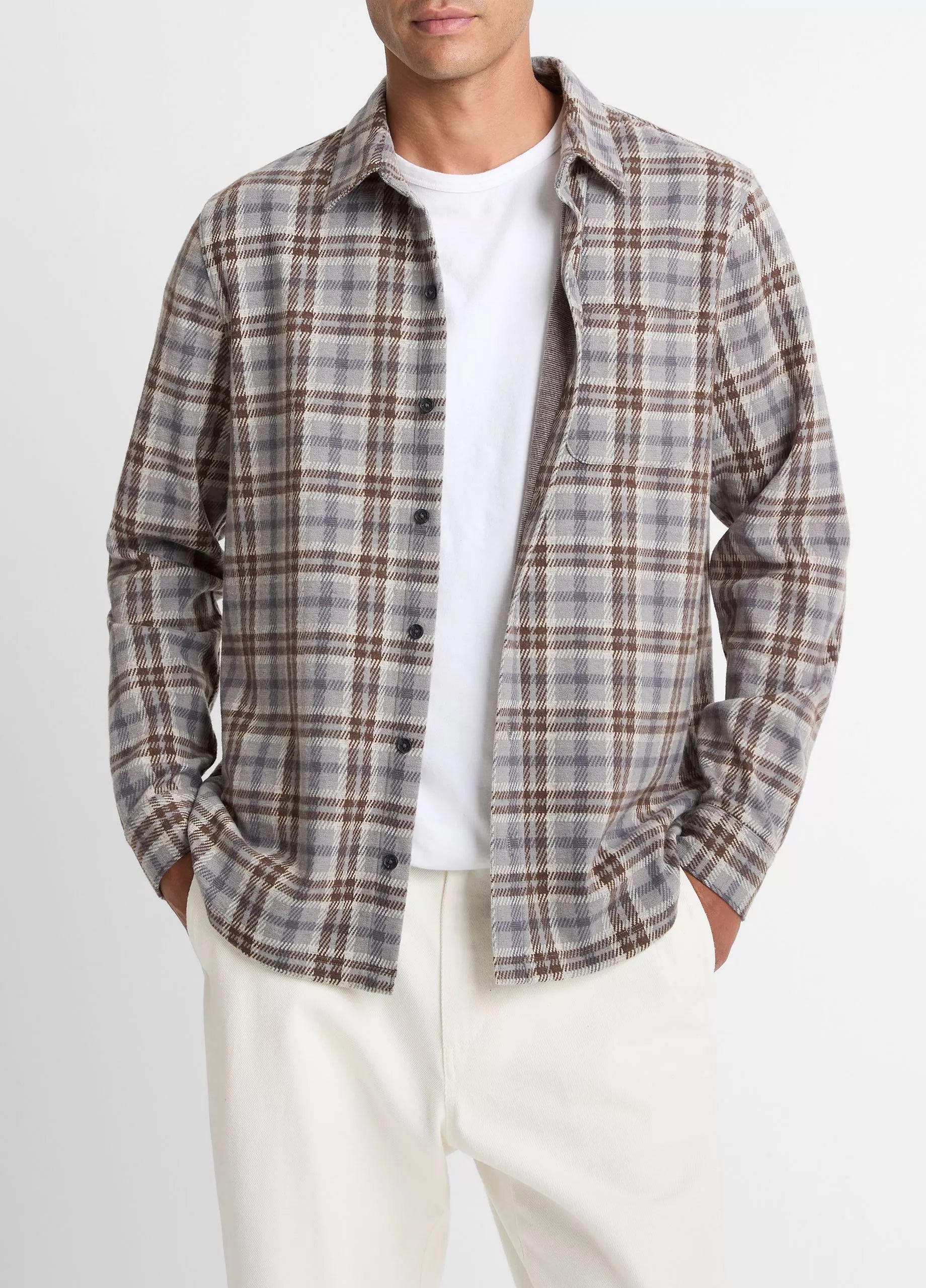 Vince Plaid Cotton-Blend Shirt Jacket - Heather Fog Combo