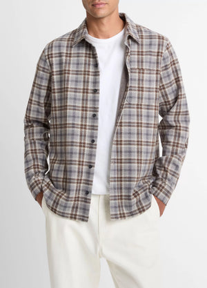 Vince Plaid Cotton-Blend Shirt Jacket - Heather Fog Combo