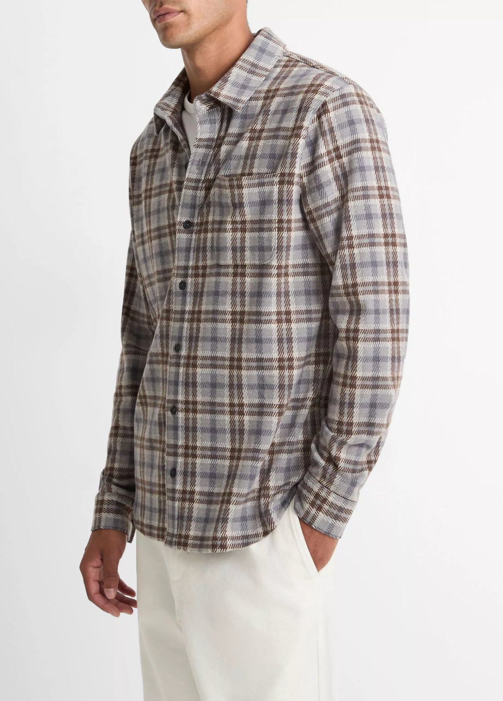 Vince Plaid Cotton-Blend Shirt Jacket - Heather Fog Combo